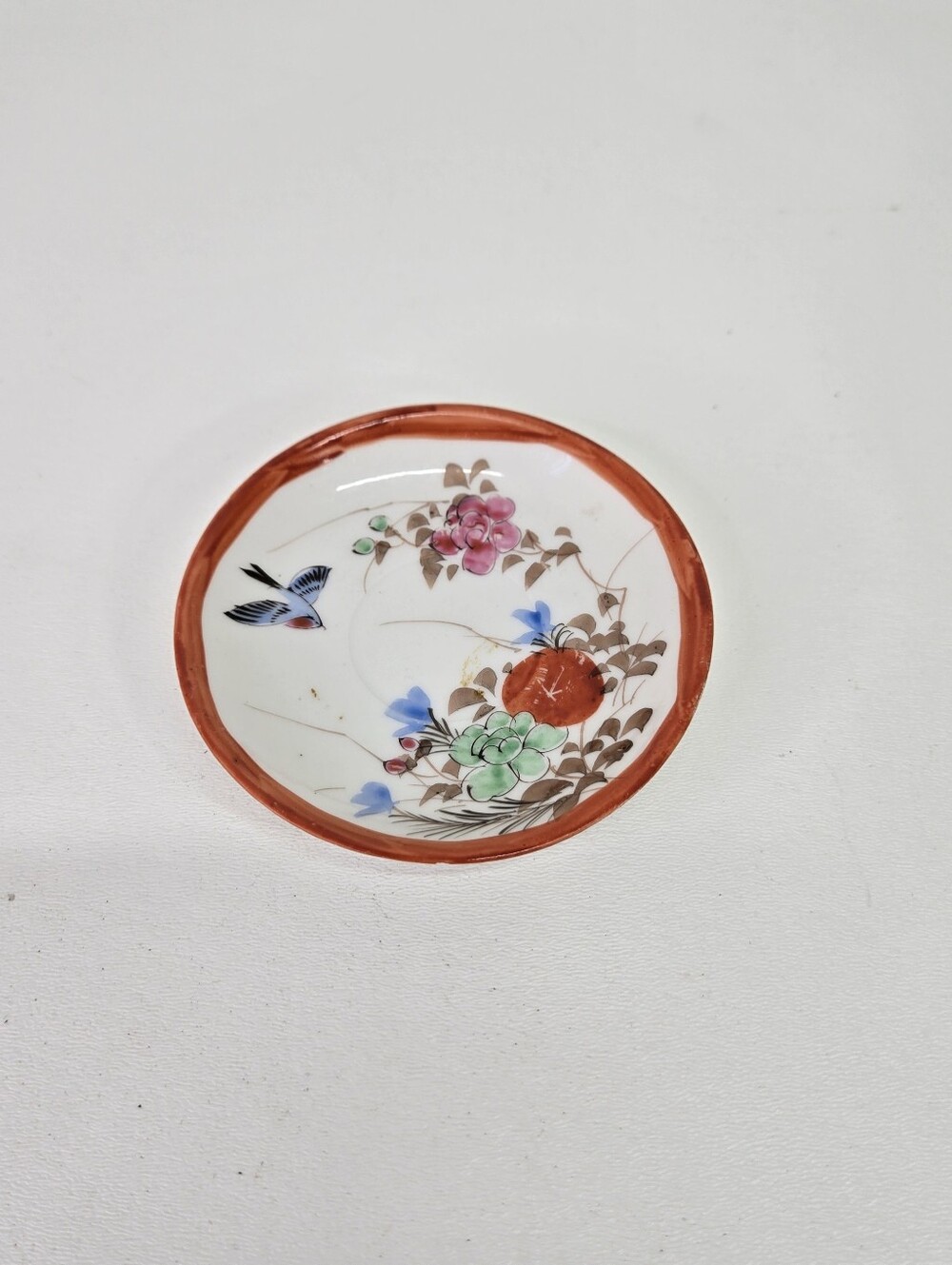 Antique Japanese Kutani Porcelain Small Dish Bird Floral Red Rim Saucer Plate